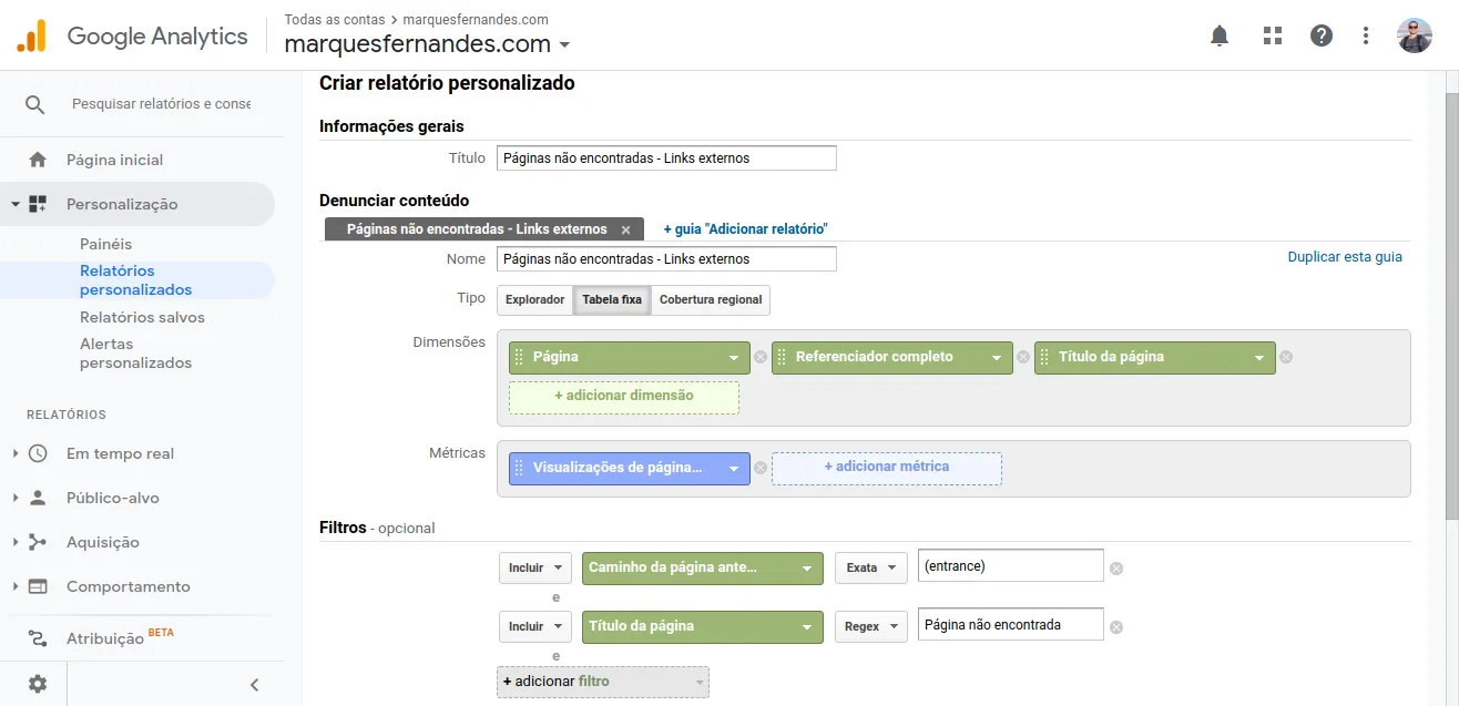Informe personalizado para encontrar 404 errores causados por enlaces EXTERNOS