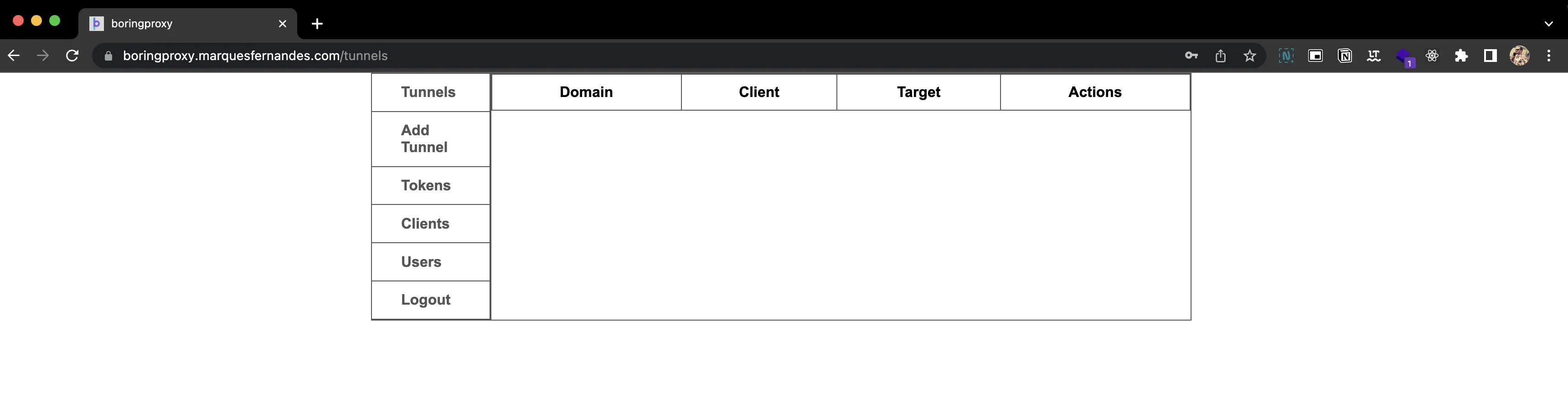 Painel administrativo boringproxy