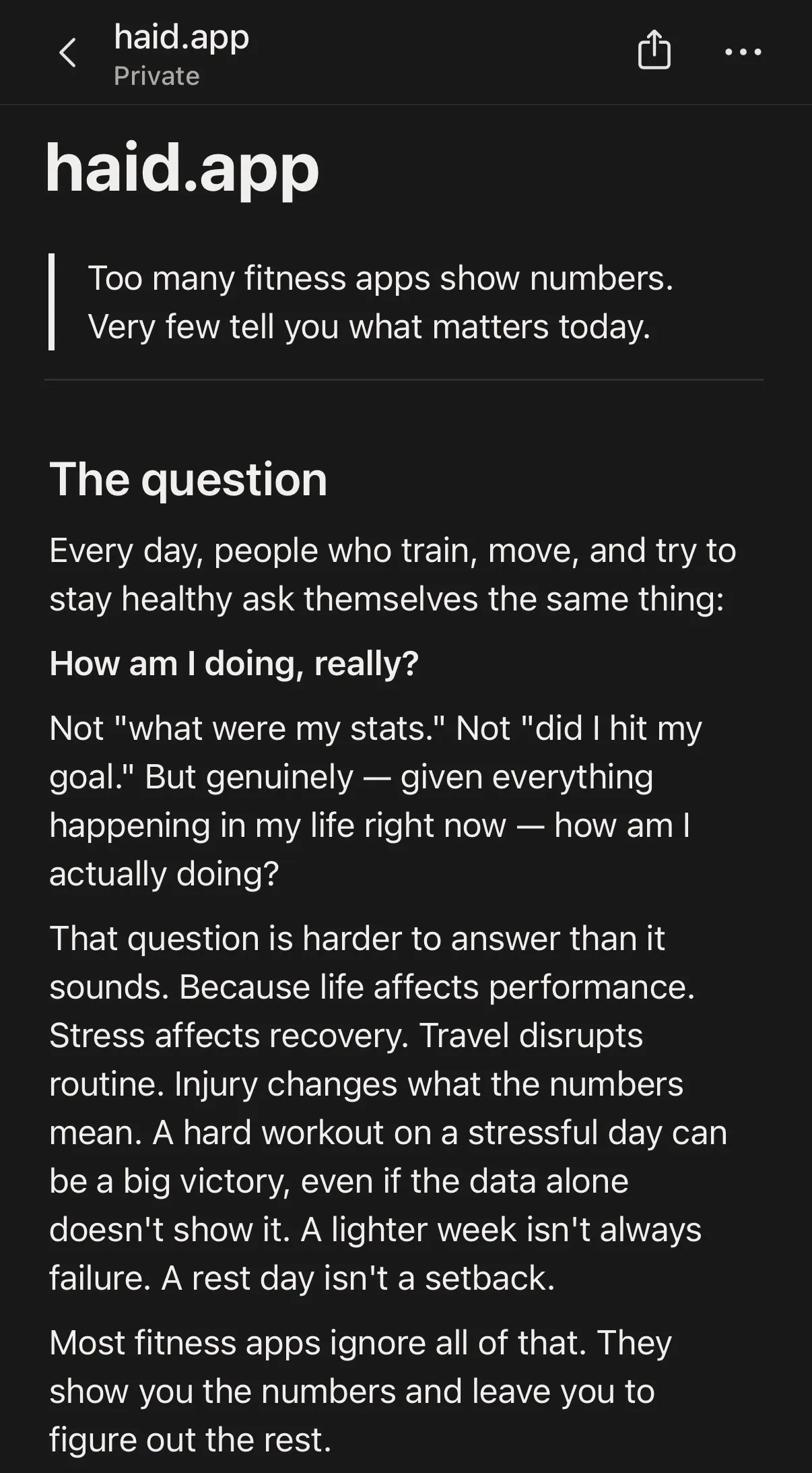 Documento do HAID no Notion explicando que dados de fitness precisam considerar estresse, viagens, lesões e outros contextos da vida