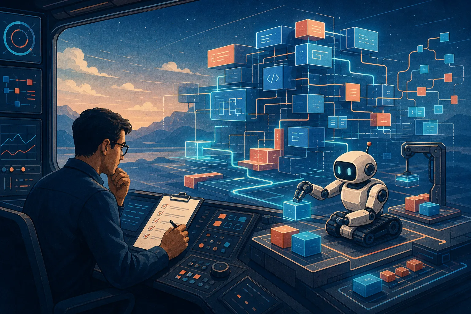 Engenheiro numa sala de controle revisando enquanto um pequeno robô monta um sistema de blocos interligados