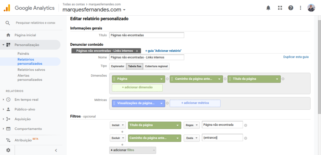 Relatório customizada para encontrar erros 404 causados por links INTERNOS