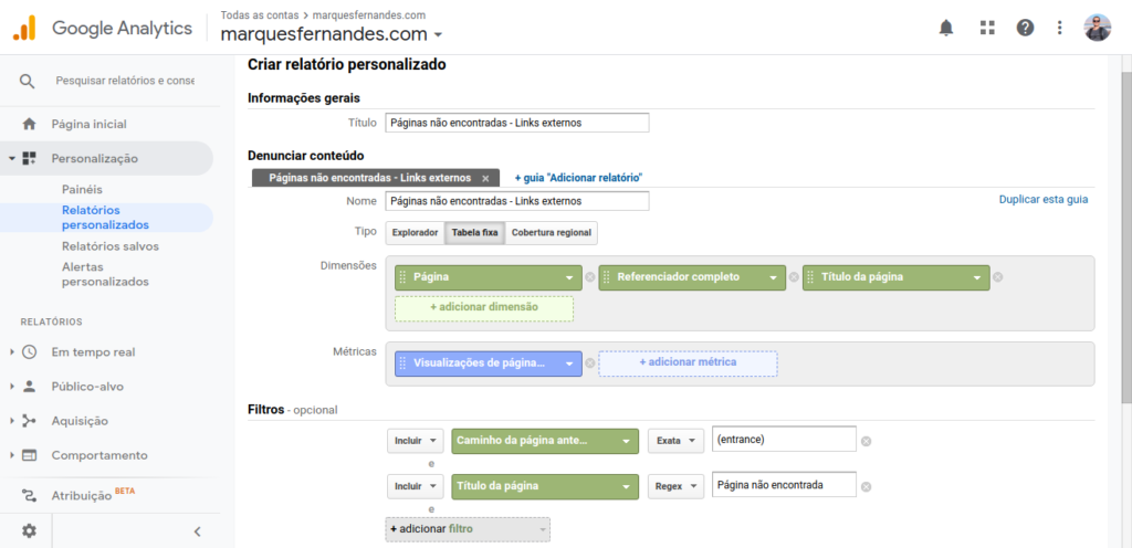 Relatório customizada para encontrar erros 404 causados por links EXTERNOS