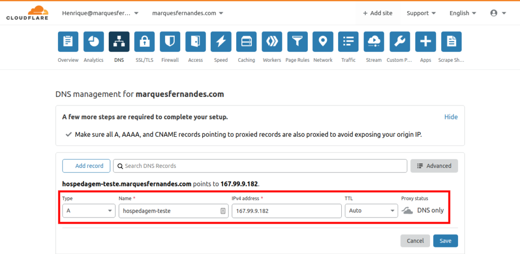 Configurando apontamento IPv4