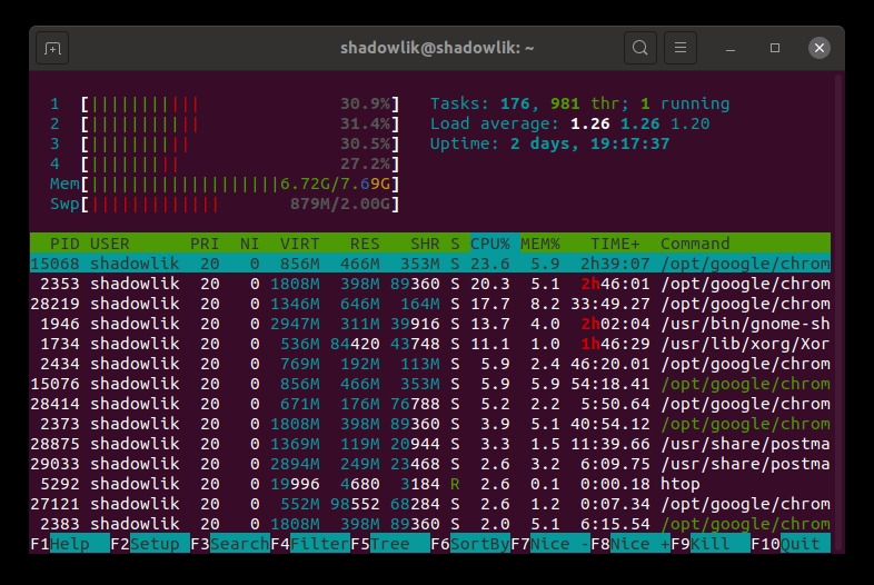 Usando a aplicação htop