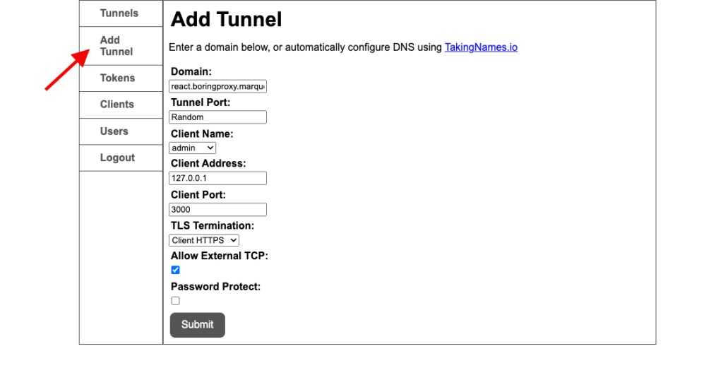 Adicionando o túnel para a aplicação React