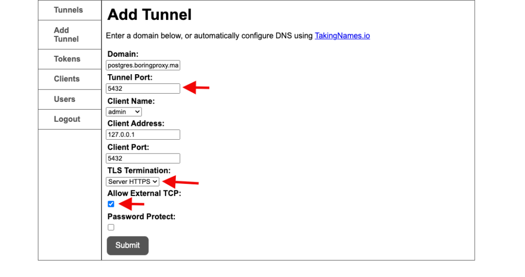 Adding the Tunnel to the Database