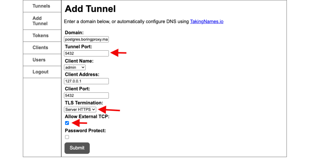 Agregar el túnel a la base de datos