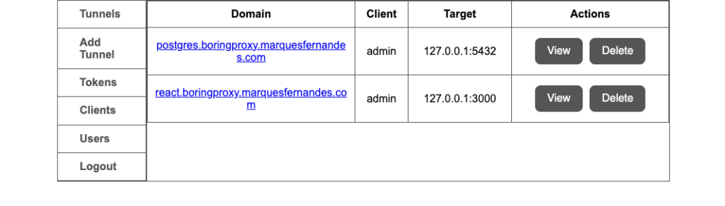 Boringproxy tunnel listing