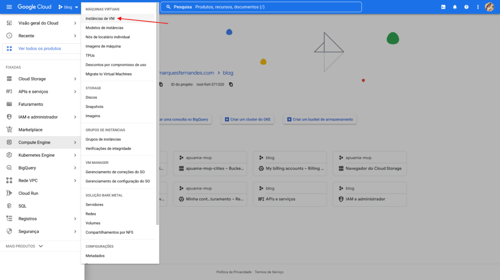 Acceso al menú Compute Engine > Instancias de VM